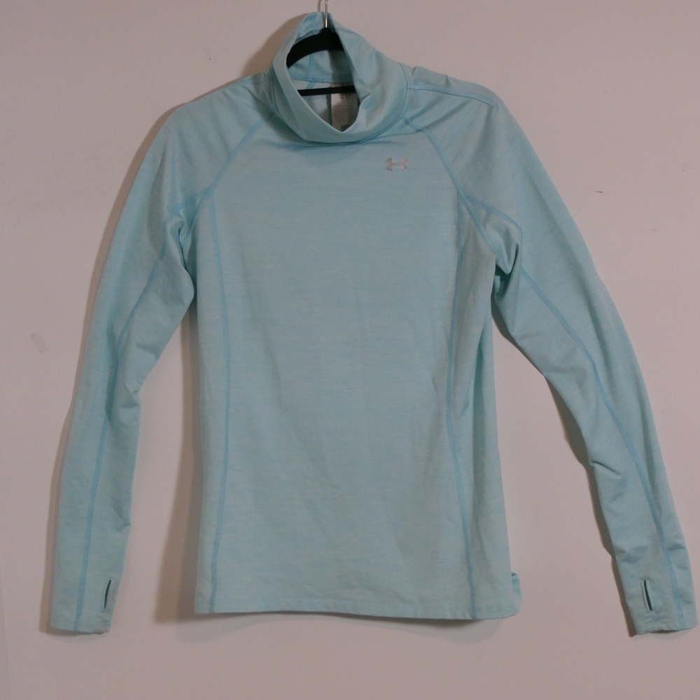 Under Armour Women ColdGear Funnel Neck Top L Blue Athleisure Base Layer Running